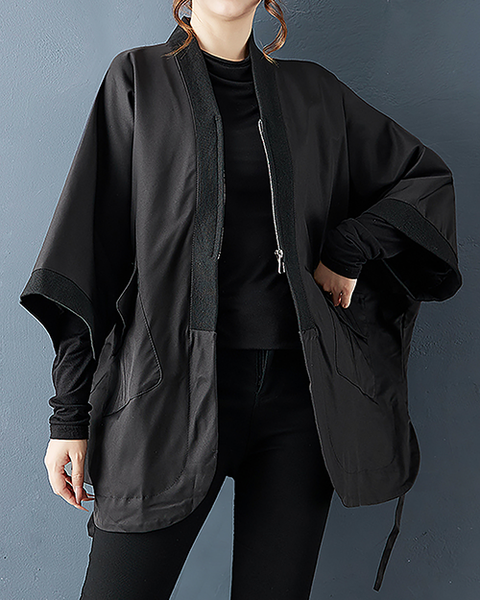 ellazhu Women's Coats V-neck Solid Vintage Long Sleeve Zip Up Plus Size Side Pockets Split Hem GZ703 Black