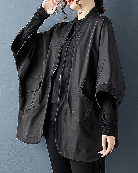 ellazhu Women's Coats V-neck Solid Vintage Long Sleeve Zip Up Plus Size Side Pockets Split Hem GZ703 Black