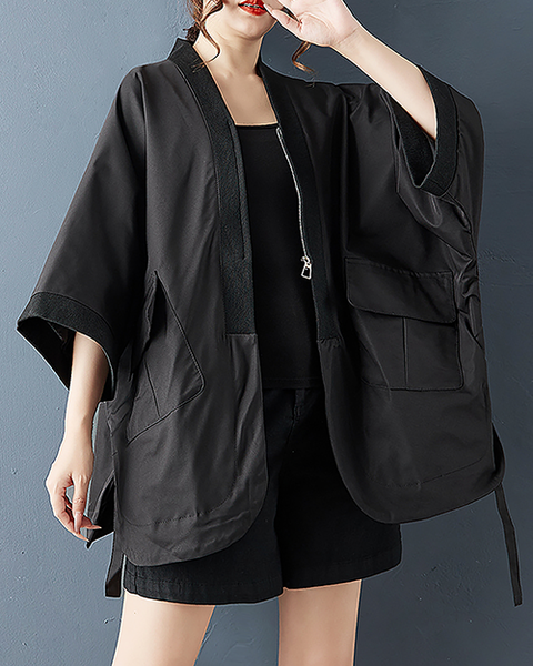 ellazhu Women's Coats V-neck Solid Vintage Long Sleeve Zip Up Plus Size Side Pockets Split Hem GZ703 Black