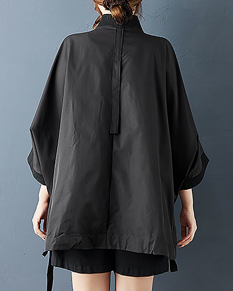 ellazhu Women's Coats V-neck Solid Vintage Long Sleeve Zip Up Plus Size Side Pockets Split Hem GZ703 Black