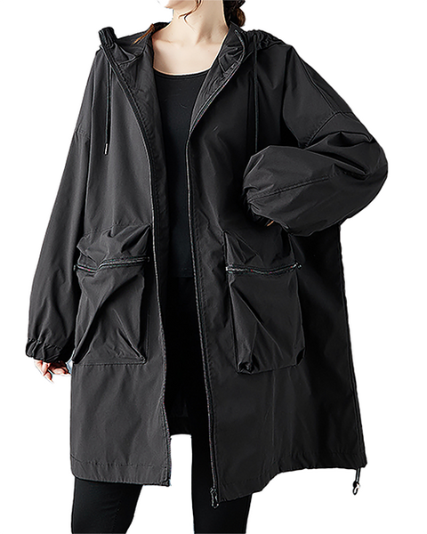 ellazhu Women's Coats Hooded Windbreaker Solid Long Sleeve Zip Up Plus Size Side Pockets GZ704 Black