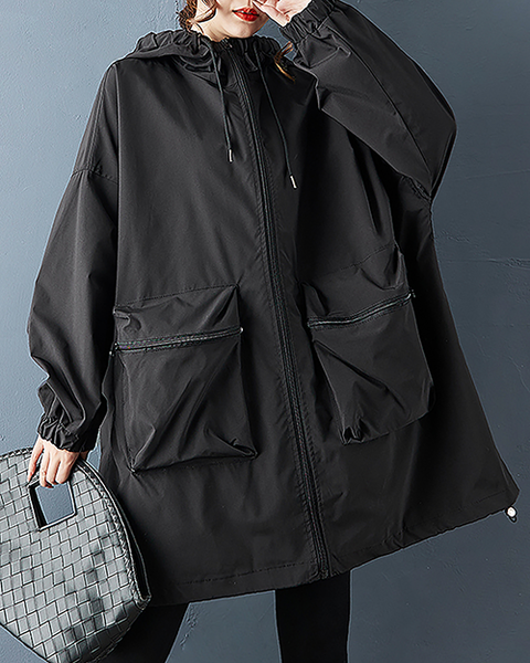 ellazhu Women's Coats Hooded Windbreaker Solid Long Sleeve Zip Up Plus Size Side Pockets GZ704 Black