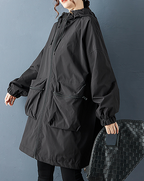 ellazhu Women's Coats Hooded Windbreaker Solid Long Sleeve Zip Up Plus Size Side Pockets GZ704 Black