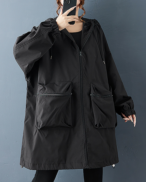 ellazhu Women's Coats Hooded Windbreaker Solid Long Sleeve Zip Up Plus Size Side Pockets GZ704 Black