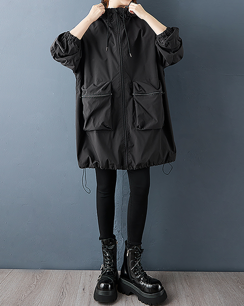 ellazhu Women's Coats Hooded Windbreaker Solid Long Sleeve Zip Up Plus Size Side Pockets GZ704 Black