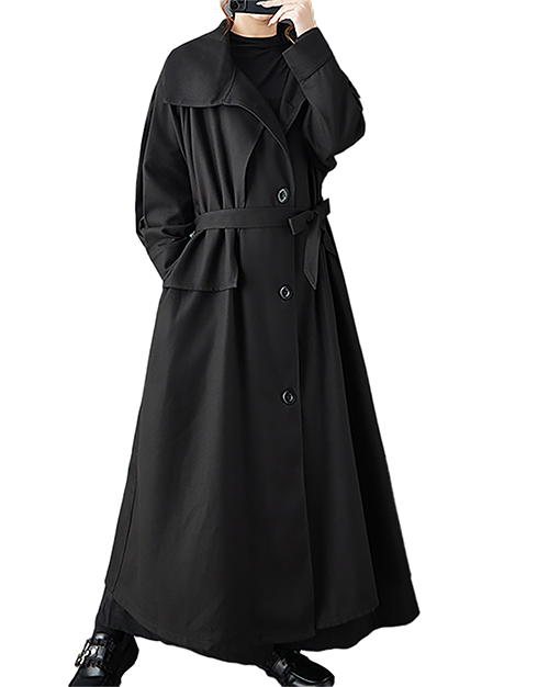 ellazhu Women's Coats Lapel Button Down Tie Waist Solid Long Sleeve Plus Size Side Pockets GZ705 Black