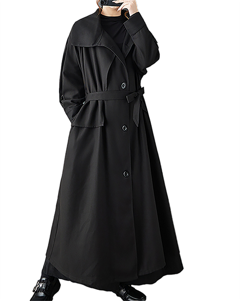 ellazhu Women's Coats Lapel Button Down Tie Waist Solid Long Sleeve Plus Size Side Pockets GZ705 Black