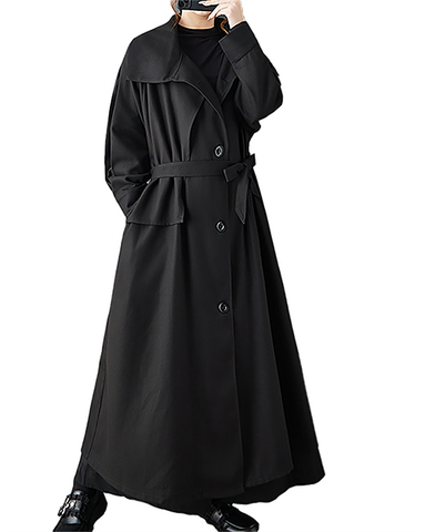 ellazhu Women's Coats Lapel Button Down Tie Waist Solid Long Sleeve Plus Size Side Pockets GZ705 Black