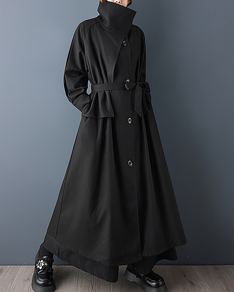 ellazhu Women's Coats Lapel Button Down Tie Waist Solid Long Sleeve Plus Size Side Pockets GZ705 Black