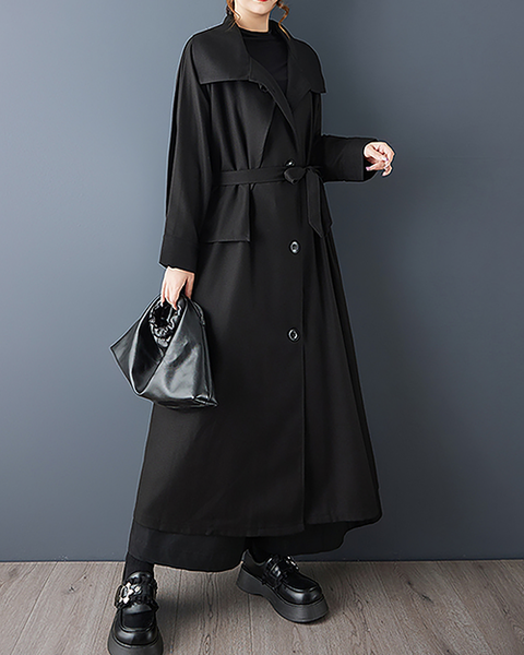 ellazhu Women's Coats Lapel Button Down Tie Waist Solid Long Sleeve Plus Size Side Pockets GZ705 Black