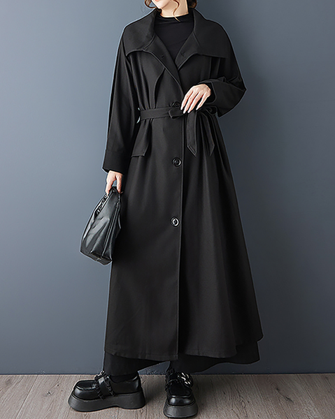 ellazhu Women's Coats Lapel Button Down Tie Waist Solid Long Sleeve Plus Size Side Pockets GZ705 Black