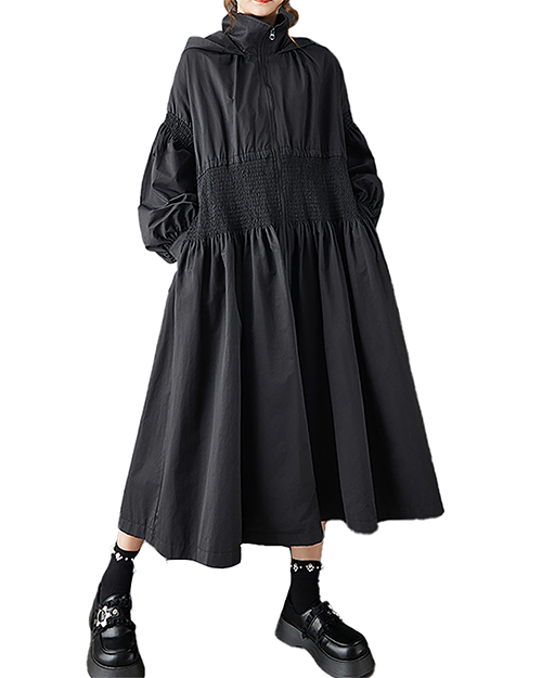 ellazhu Women's Coats Hooded Zip Up Solid Long Sleeve Plus Size Side Pockets Maxi Hem GZ706 Black