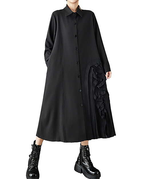 ellazhu Women's Dress Lapel Button Down Solid Long Sleeve Plus Size Side Pockets Maxi Hem GZ707 Black