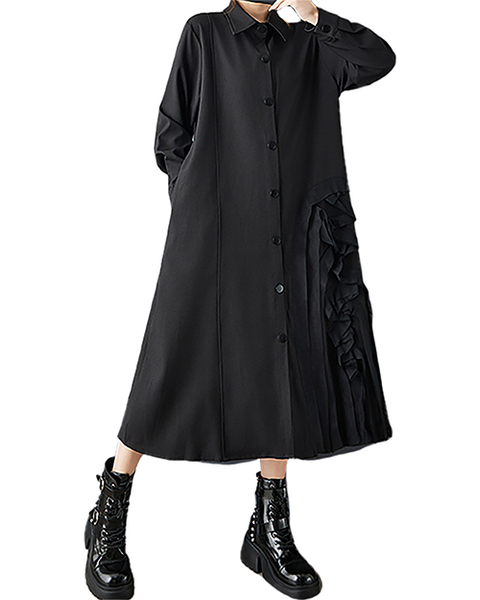 ellazhu Women's Dress Lapel Button Down Solid Long Sleeve Plus Size Side Pockets Maxi Hem GZ707 Black