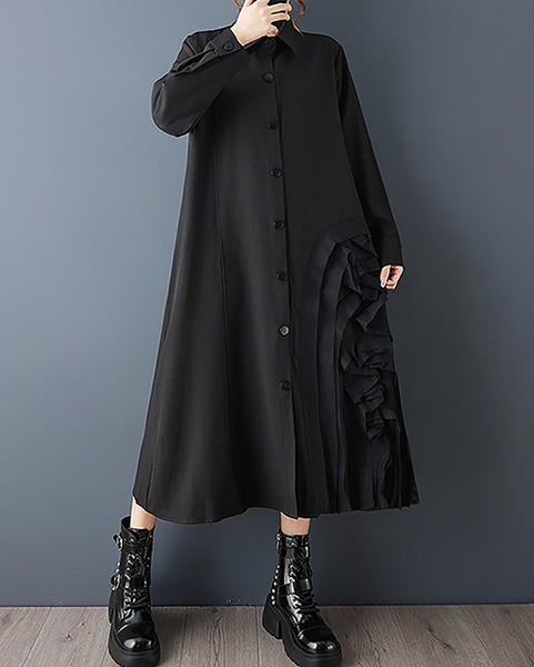 ellazhu Women's Dress Lapel Button Down Solid Long Sleeve Plus Size Side Pockets Maxi Hem GZ707 Black