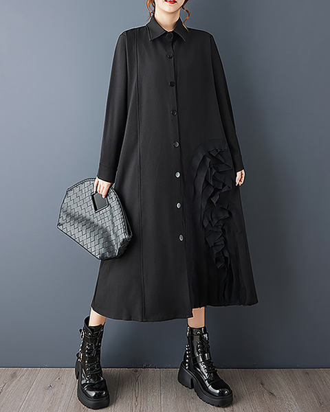 ellazhu Women's Dress Lapel Button Down Solid Long Sleeve Plus Size Side Pockets Maxi Hem GZ707 Black