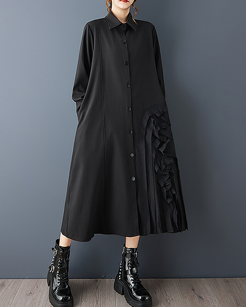 ellazhu Women's Dress Lapel Button Down Solid Long Sleeve Plus Size Side Pockets Maxi Hem GZ707 Black