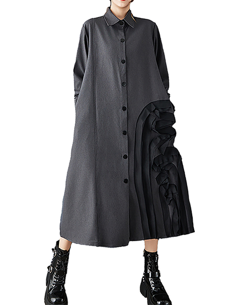 ellazhu Women's Dress Lapel Button Down Solid Long Sleeve Plus Size Side Pockets Maxi Hem GZ707 Black