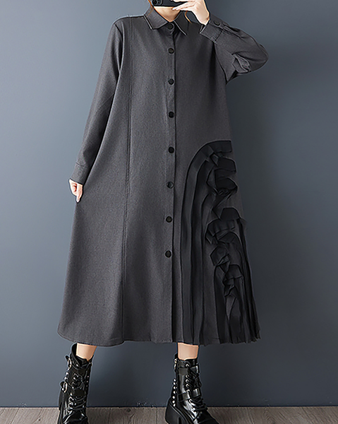 ellazhu Women's Dress Lapel Button Down Solid Long Sleeve Plus Size Side Pockets Maxi Hem GZ707 Black