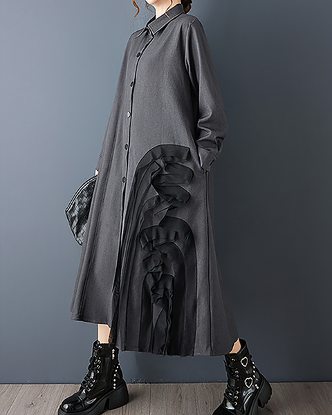 ellazhu Women's Dress Lapel Button Down Solid Long Sleeve Plus Size Side Pockets Maxi Hem GZ707 Black