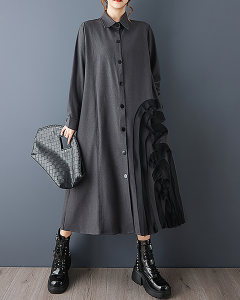 ellazhu Women's Dress Lapel Button Down Solid Long Sleeve Plus Size Side Pockets Maxi Hem GZ707 Black