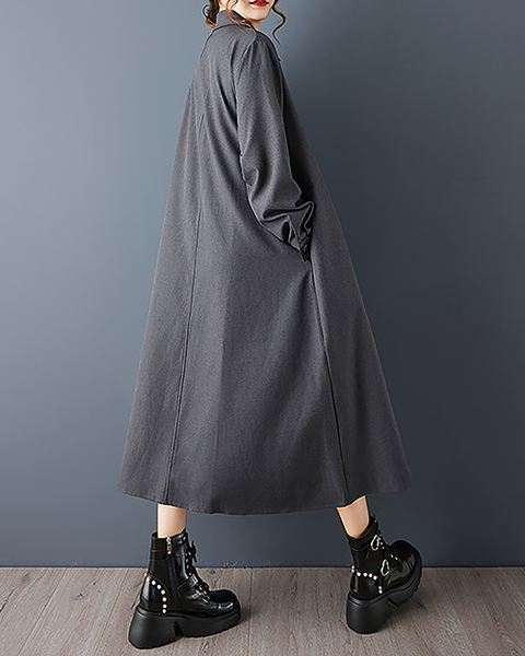 ellazhu Women's Dress Lapel Button Down Solid Long Sleeve Plus Size Side Pockets Maxi Hem GZ707 Black