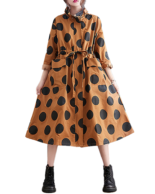 ellazhu Women's Coats Mock Neck Zip Up Tie Waist Printed Polka Dot Long Sleeve Side Pockets Maxi Hem GZ708 Orange