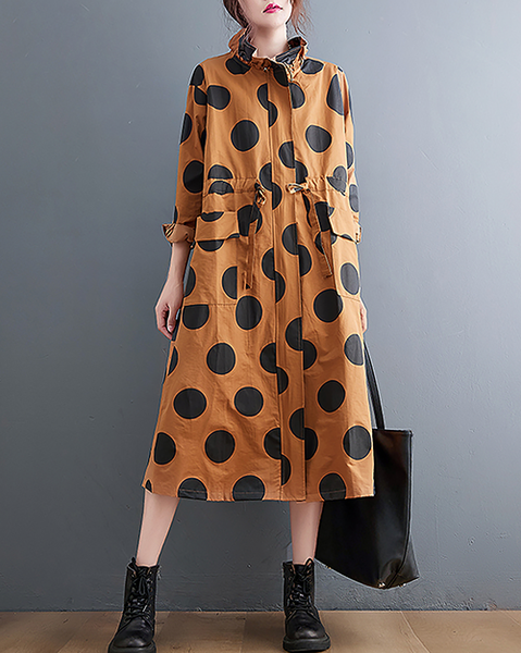 ellazhu Women's Coats Mock Neck Zip Up Tie Waist Printed Polka Dot Long Sleeve Side Pockets Maxi Hem GZ708 Orange