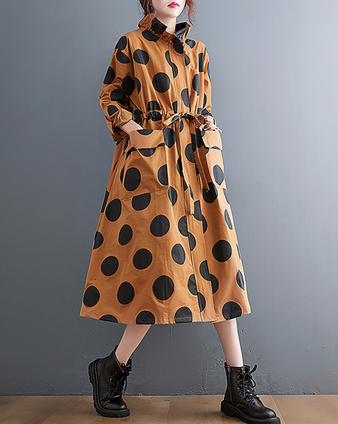 ellazhu Women's Coats Mock Neck Zip Up Tie Waist Printed Polka Dot Long Sleeve Side Pockets Maxi Hem GZ708 Orange