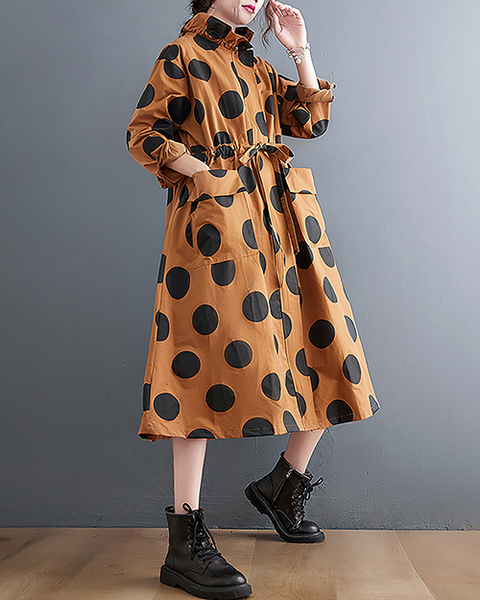 ellazhu Women's Coats Mock Neck Zip Up Tie Waist Printed Polka Dot Long Sleeve Side Pockets Maxi Hem GZ708 Orange