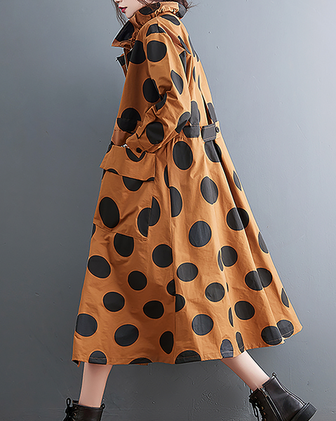 ellazhu Women's Coats Mock Neck Zip Up Tie Waist Printed Polka Dot Long Sleeve Side Pockets Maxi Hem GZ708 Orange