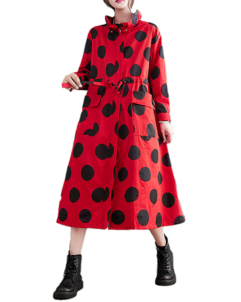 ellazhu Women's Coats Mock Neck Zip Up Tie Waist Printed Polka Dot Long Sleeve Side Pockets Maxi Hem GZ708 Orange