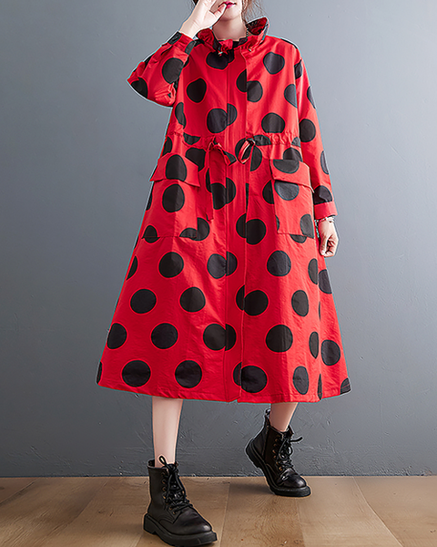 ellazhu Women's Coats Mock Neck Zip Up Tie Waist Printed Polka Dot Long Sleeve Side Pockets Maxi Hem GZ708 Orange