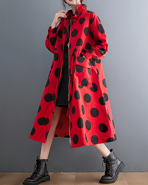 ellazhu Women's Coats Mock Neck Zip Up Tie Waist Printed Polka Dot Long Sleeve Side Pockets Maxi Hem GZ708 Orange