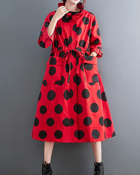 ellazhu Women's Coats Mock Neck Zip Up Tie Waist Printed Polka Dot Long Sleeve Side Pockets Maxi Hem GZ708 Orange