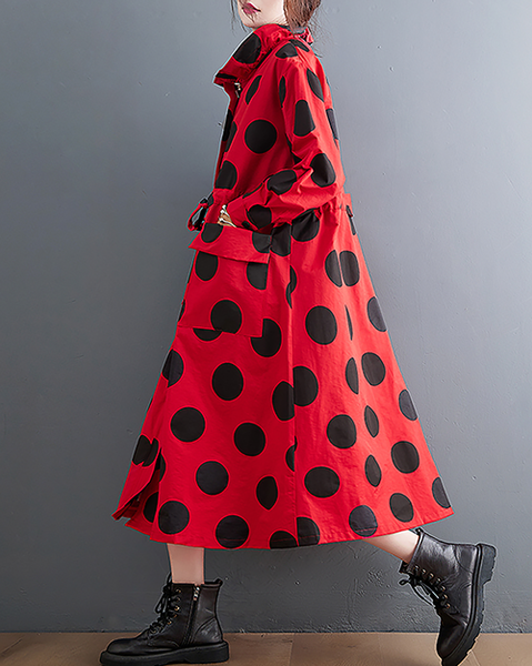 ellazhu Women's Coats Mock Neck Zip Up Tie Waist Printed Polka Dot Long Sleeve Side Pockets Maxi Hem GZ708 Orange