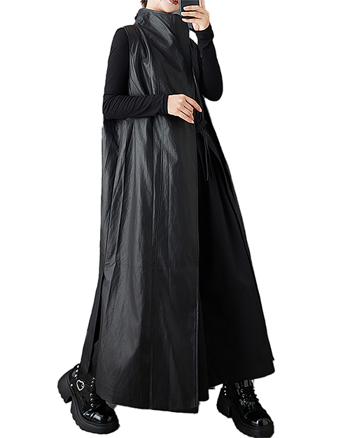 ellazhu Women's Coats Vest Outerwear Mock Neck Sleeveless Side Pockets Oversized Maxi Hem GZ709 Black