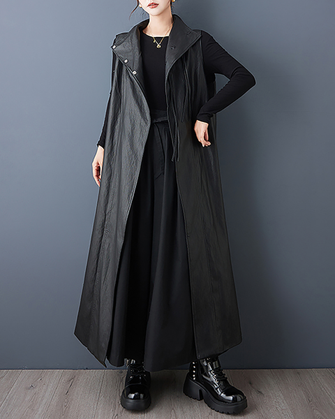 ellazhu Women's Coats Vest Outerwear Mock Neck Sleeveless Side Pockets Oversized Maxi Hem GZ709 Black