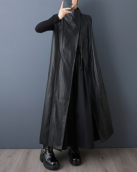 ellazhu Women's Coats Vest Outerwear Mock Neck Sleeveless Side Pockets Oversized Maxi Hem GZ709 Black