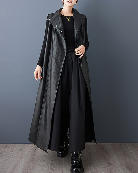 ellazhu Women's Coats Vest Outerwear Mock Neck Sleeveless Side Pockets Oversized Maxi Hem GZ709 Black