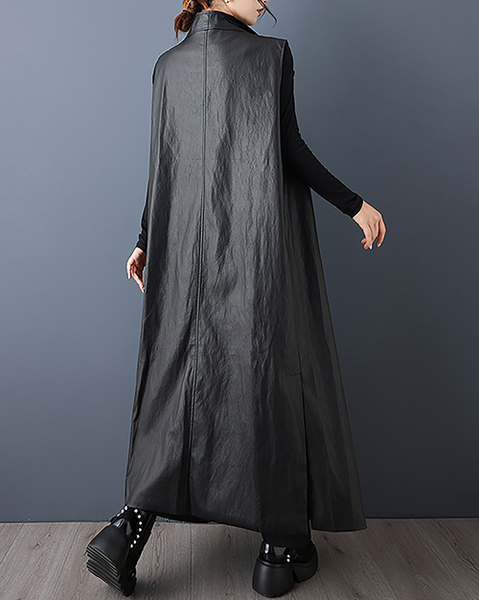 ellazhu Women's Coats Vest Outerwear Mock Neck Sleeveless Side Pockets Oversized Maxi Hem GZ709 Black