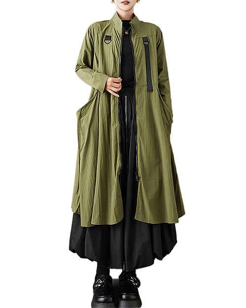ellazhu Women's Coats Outerwear Mock Neck Zip Up Long Sleeve Side Pockets Oversized Maxi Hem GZ710 Green