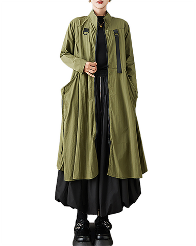 ellazhu Women's Coats Outerwear Mock Neck Zip Up Long Sleeve Side Pockets Oversized Maxi Hem GZ710 Green