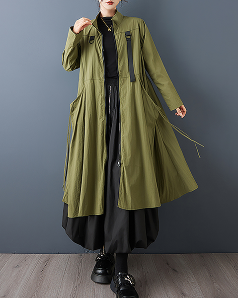 ellazhu Women's Coats Outerwear Mock Neck Zip Up Long Sleeve Side Pockets Oversized Maxi Hem GZ710 Green
