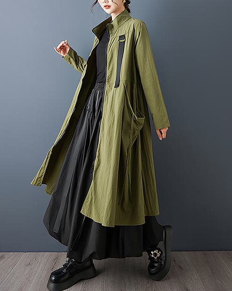 ellazhu Women's Coats Outerwear Mock Neck Zip Up Long Sleeve Side Pockets Oversized Maxi Hem GZ710 Green