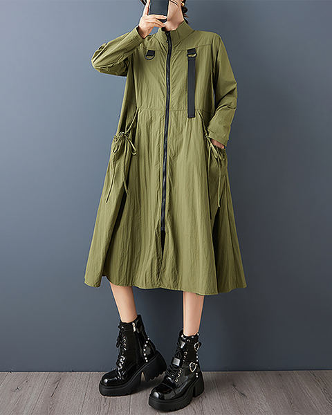 ellazhu Women's Coats Outerwear Mock Neck Zip Up Long Sleeve Side Pockets Oversized Maxi Hem GZ710 Green