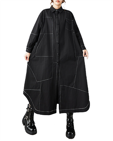 ellazhu Women's Dress Lapel Button Down Solid Long Sleeve Plus Size Side Pockets Irregular Hem GZ711 Black