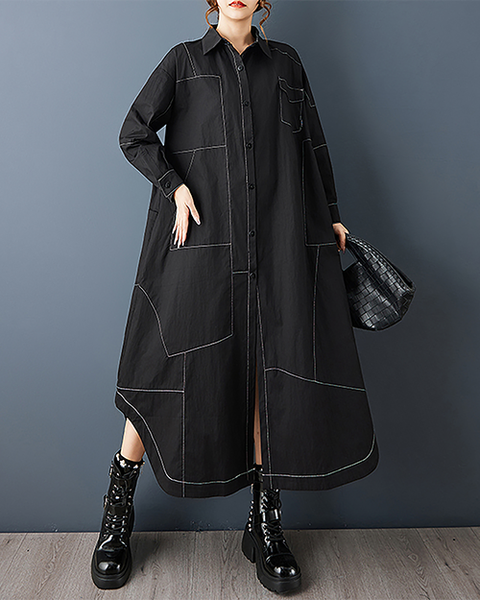 ellazhu Women's Dress Lapel Button Down Solid Long Sleeve Plus Size Side Pockets Irregular Hem GZ711 Black