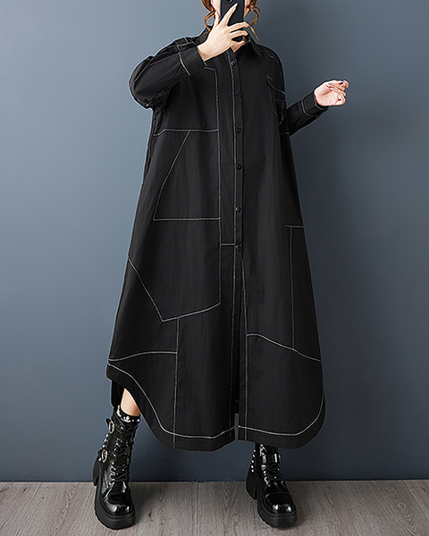 ellazhu Women's Dress Lapel Button Down Solid Long Sleeve Plus Size Side Pockets Irregular Hem GZ711 Black