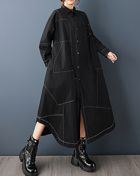 ellazhu Women's Dress Lapel Button Down Solid Long Sleeve Plus Size Side Pockets Irregular Hem GZ711 Black